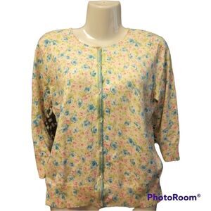 Silk blend floral sweater with glass accent buttons and ribbon t…
